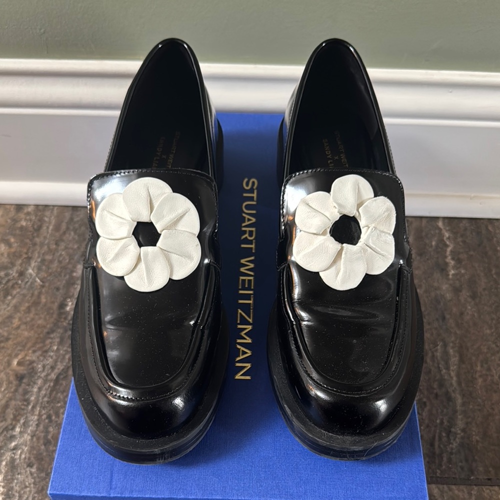 Stuart Weitzman Black and White Loafers with Floral Accents